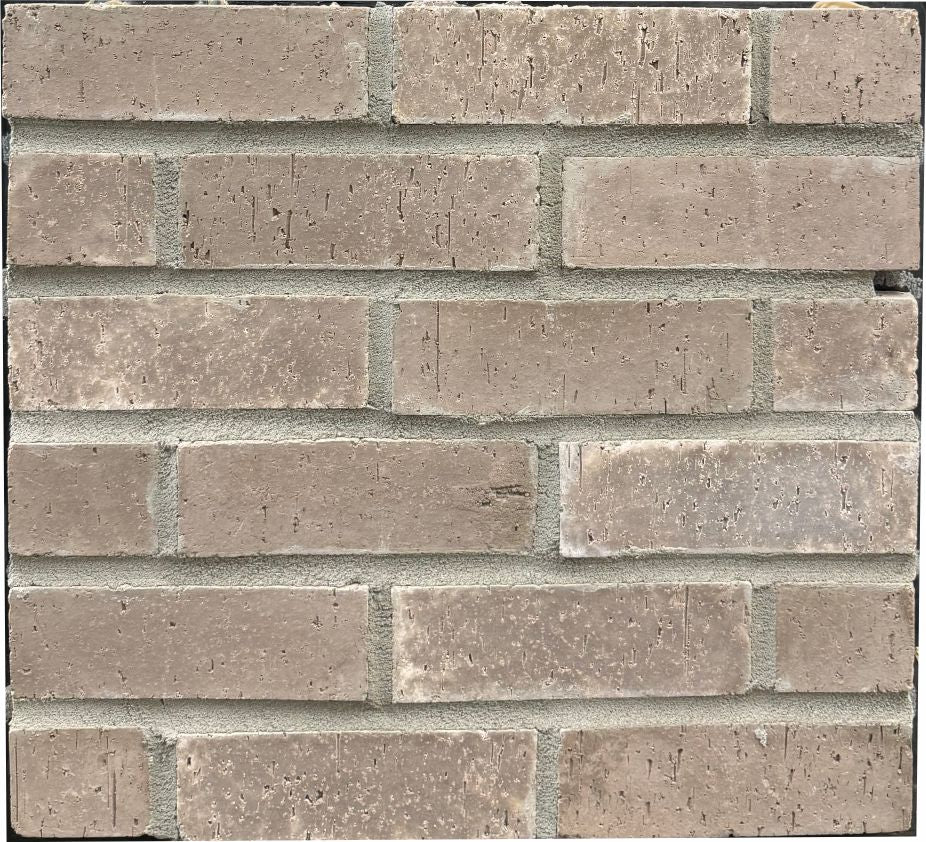 Brick – Horizon sample board. Warm greige brick with a pitted, wire-cut texture and subtle tonal variation.