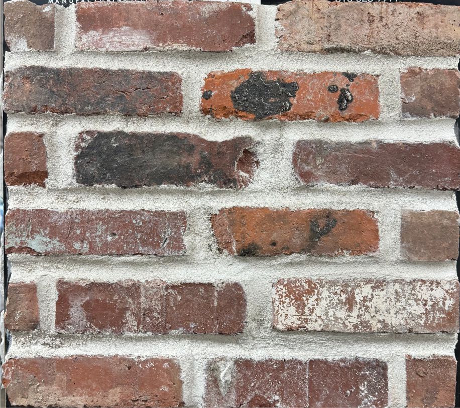 Brick – Red Clay with White sample board. Red clay tones under a heavy white lime wash, for an aged, whitewashed brick look.