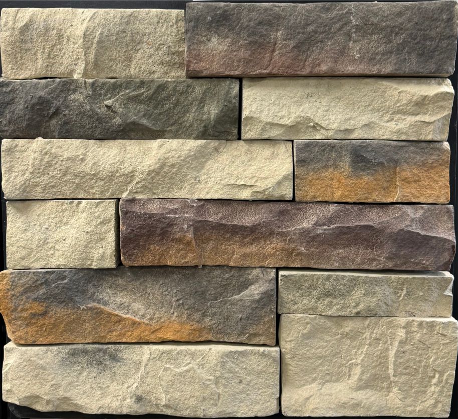 Ledge – Bucks Country sample board. Buff and cream ledge pieces mixed with plum-brown and rust-orange accents.
