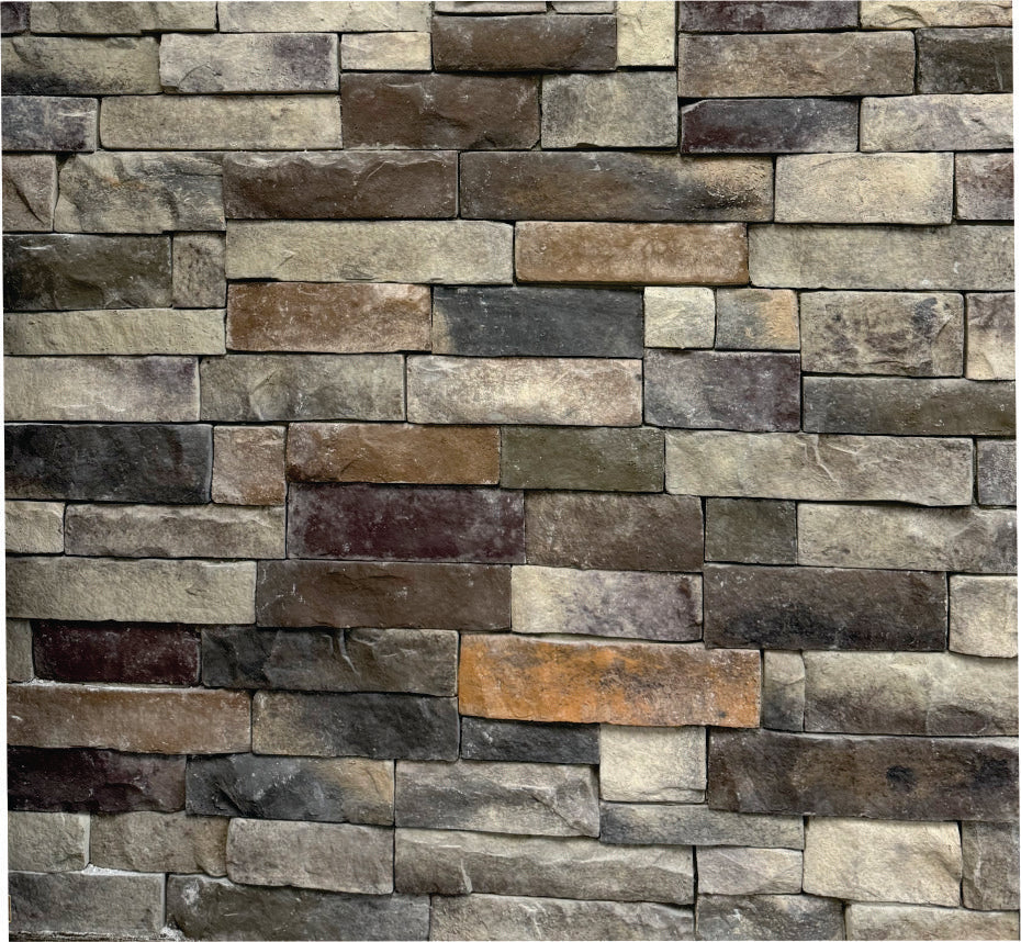 Ledge – Deer Ridge sample board. Green-gray, plum and rust tones in a tight drystack.