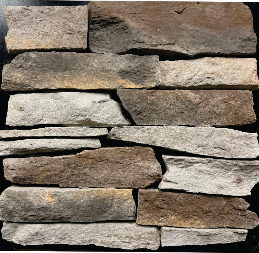 Southern Ledge – Fargo Brown sample board. Gray-green, cream and brown pieces with a natural cleft face.