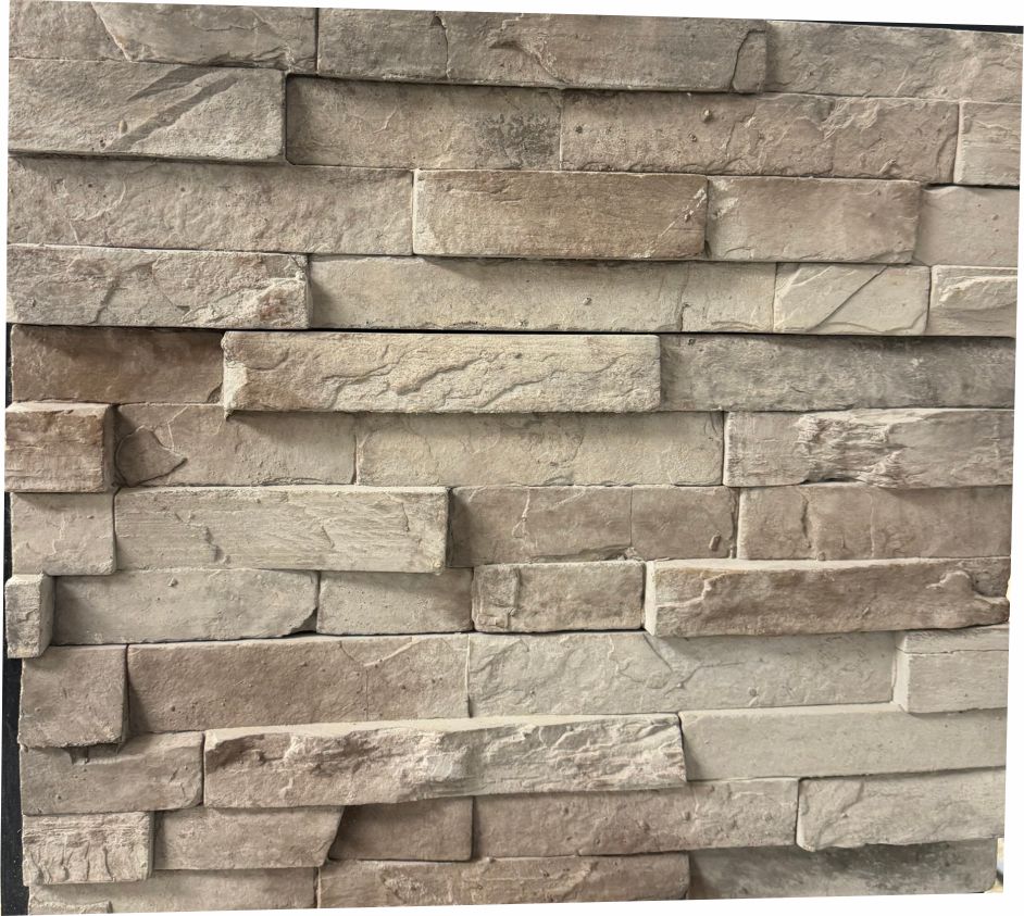 Strip Ledge – Fargo Brown sample board. Taupe and warm gray strips with a lightly textured face.