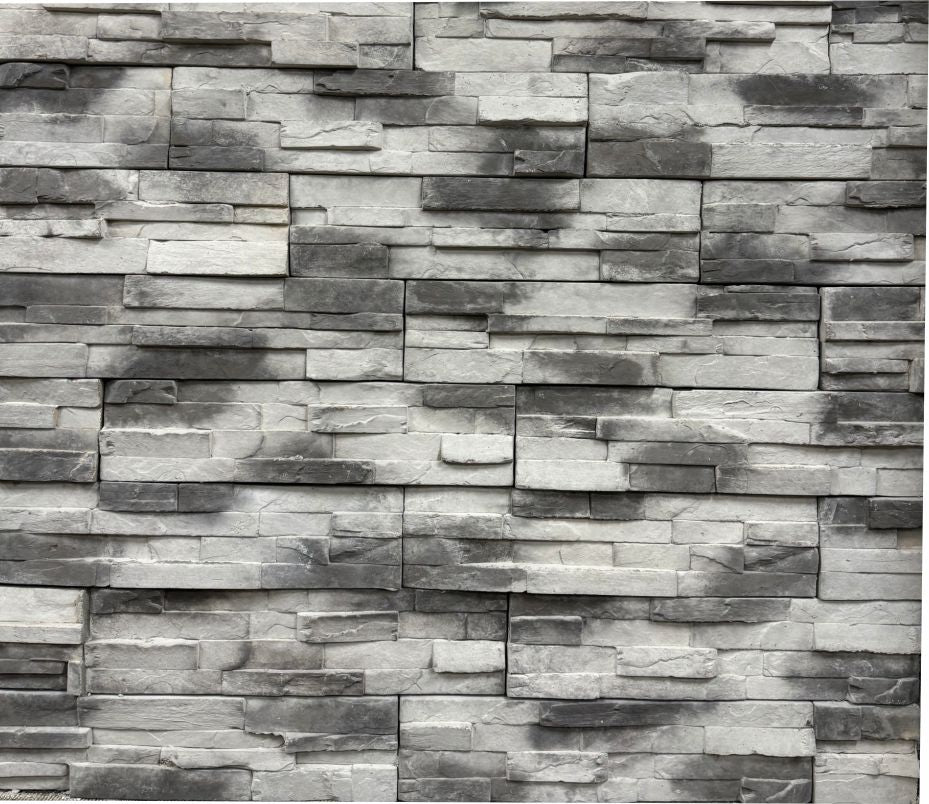 Strip Ledge – Mist sample board. Light gray strips with charcoal and soft brown shading.