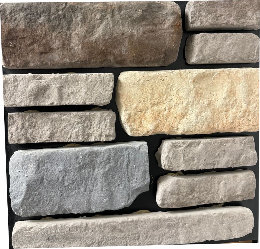 Tumbled – San Francisco sample board. Gray, tan and cream pieces with softened edges and a blue-gray accent block.